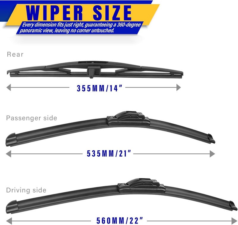 Rooppa 3 wipers Replacement for 2009-2015 Honda pilot, Windshield Wiper Blades Original Equipment Replacement - 22"/21"/14" (Set of 3) U/J HOOK - Image 2